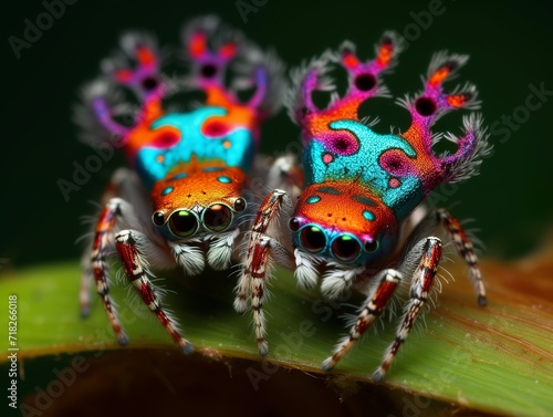 realistic illustration of two beautiful peacock spiders nuptial dance  photo