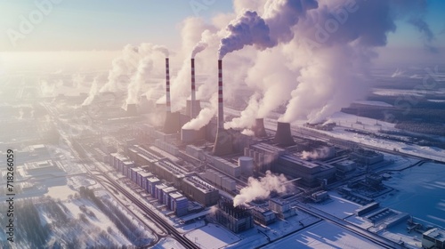 Industrial Plant Emitting Steam and Smoke in Winter Landscape