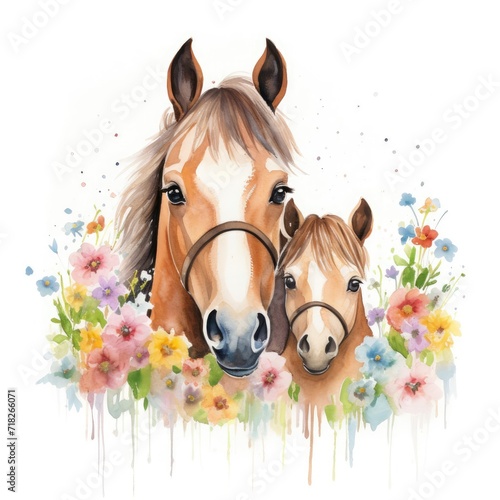 Illustration of a family of horses with flowers on a white background.
