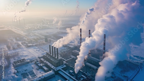 Industrial Plant Emitting Steam and Smoke in Winter Landscape