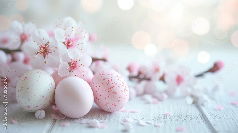 Spring background with white pink blossom and pastel color Easter eggs on white wooden table, light blurred background, soft light, sunlight
