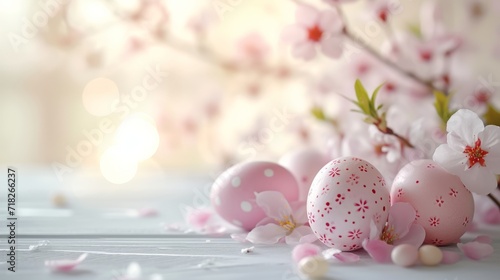 Softly lit scene with pink Easter eggs and white blossoms on a white wooden table