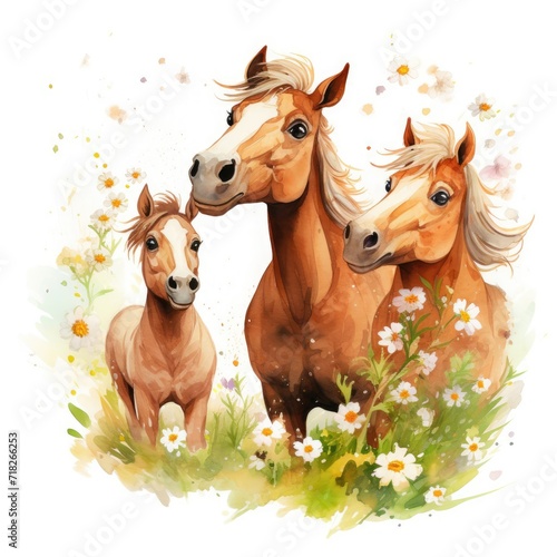 Illustration of a family of horses with flowers on a white background.