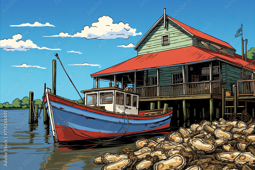 Vintage Illustration of Oyster House and Boat