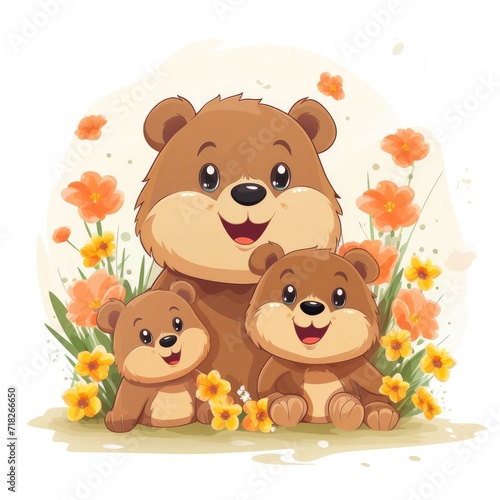 Illustration of a family of bears with flowers on a white background.