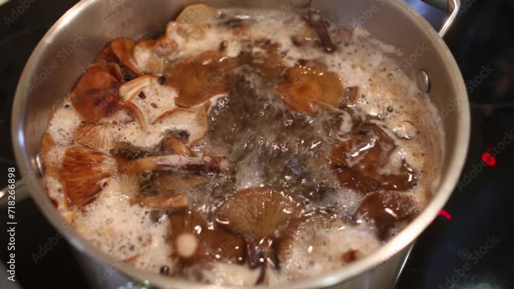 Many honey fungus are boiling in the metal pot, close up view. Many honey fungus are boiling in the metal pot, close up view.