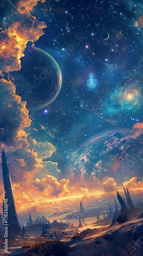 Painting of Space Scene With Planets and