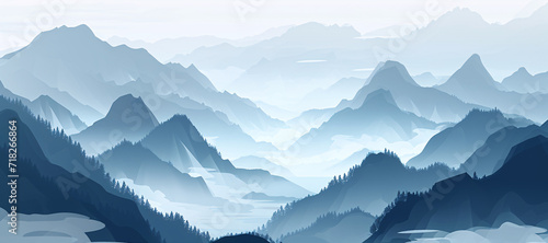 Mystical Mountain Landscape: A Serene and Beautiful Illustration of Majestic Peaks, Tranquil Valleys, and Enigmatic Atmosphere