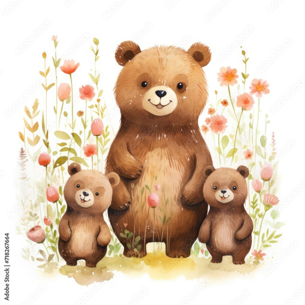 Illustration of a family of bears with flowers on a white background. Illustration of a family of bears with flowers on a white background.