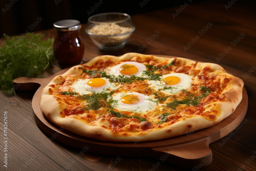 Pizza with Eggs and Fresh Herbs on Board