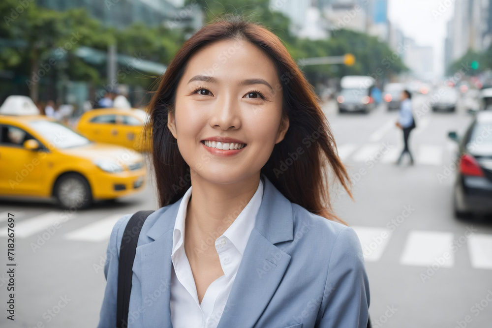 Portrait of Happy smiling Asian Businesswoman on city street looking past camera into the void, traffic in background.