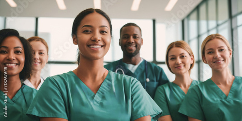 Happy medical team, a group of student nurses and doctors, walk together with smiles on their faces in a teaching hospital. Diverse healthcare students starting their clinical training in scrubs. photo