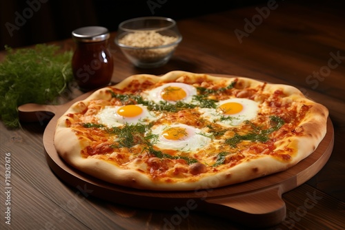 Pizza with Eggs and Fresh Herbs on Board