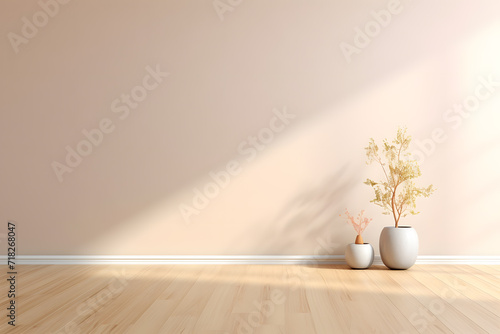 A beautiful versatile background for design and product presentation with a beige wall, light reflections and a wooden floor. And a decorative vase with a plant on the wall.