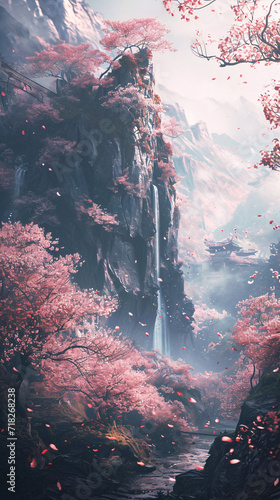 Enchanting Cherry Blossom Landscape: A Serene Waterfall Amidst Blooming Sakura Trees with a Majestic Mountain Backdrop