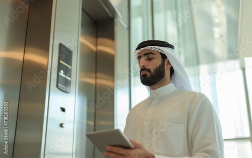 Muslim businessman in traditional clothing standing next to the elevator in a building with tablet in hand. 