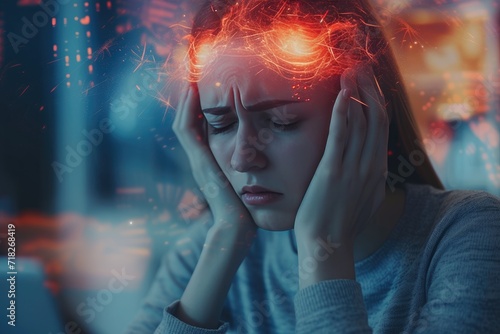 Portrait of a woman with migraine visualized as colorful red aura, headache rendered in vfx.