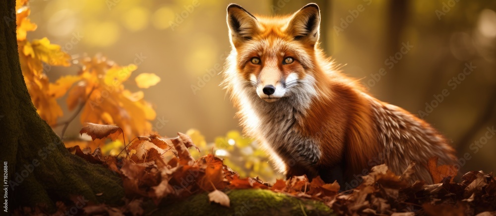 a red fox prowls through the enchanting forest, its fiery coat blending seamlessly with the vibrant autumn leaves. a red fox prowls through the enchanting forest, its fiery coat blending seamlessly with the vibrant autumn leaves.