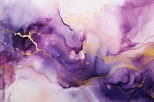 Abstract watercolor purple marble alcohol ink texture and luxury gold glitter background