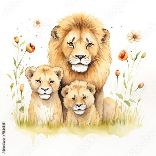 Illustration of a family of lions with flowers on a white background. photo