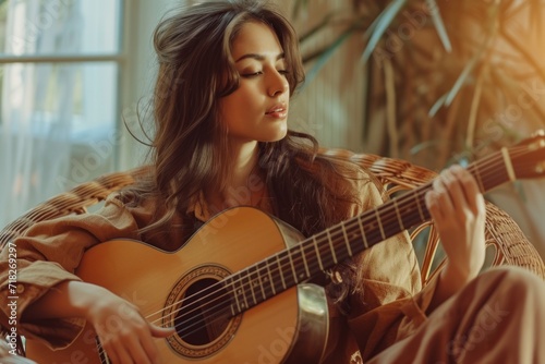 Cute girl learning to play guitar while sitting in cozy home interior. Young concentrated woman enjoying her hobby with musical instrument performance relaxing 