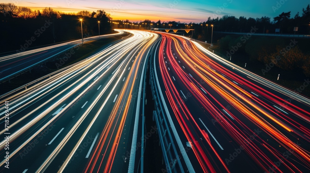 Dynamic Light Trails on Freeway at Twilight