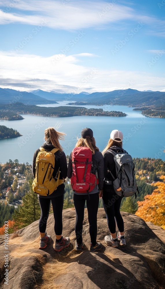 Girls with their backpacks on a hike on the top of the mountain, enjoying the view.
