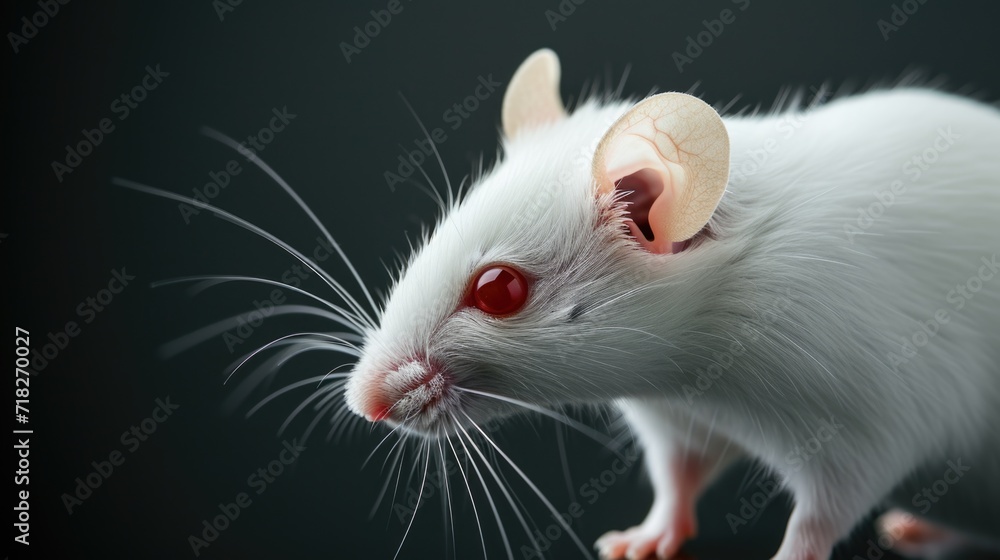 White Lab Mouse with Red Eyes on Dark Background