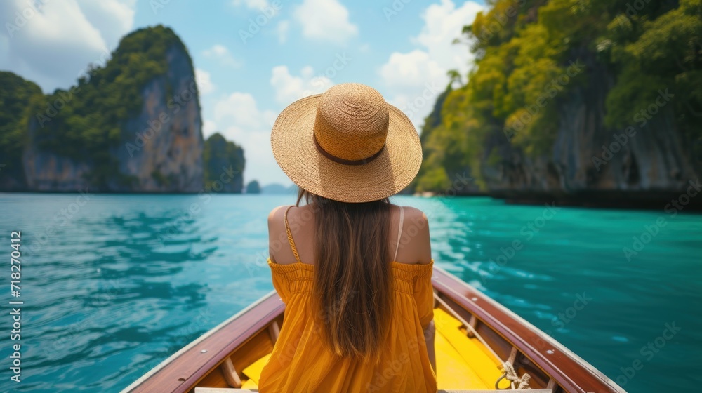 Back view of the young woman in straw hat relaxing on the boat and looking forward into tropical lagoon 