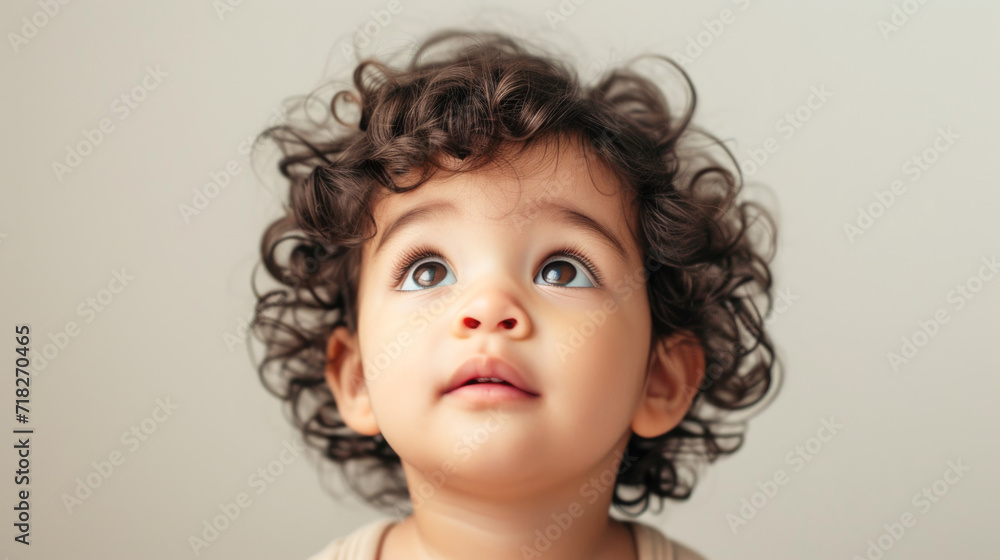 Curious Toddler with Big Eyes and Curly Hair Looking Up Curious Toddler with Big Eyes and Curly Hair Looking Up