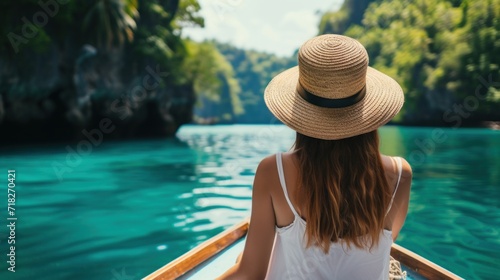 Back view of the young woman in straw hat relaxing on the boat and looking forward into tropical lagoon 