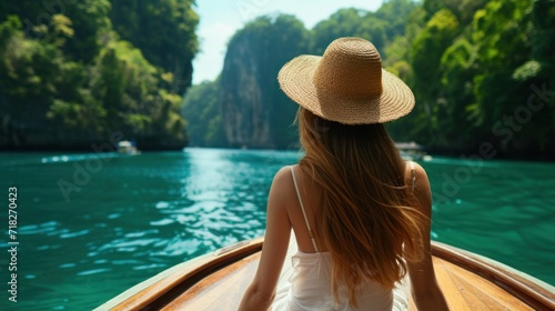 Back view of the young woman in straw hat relaxing on the boat and looking forward into tropical lagoon  © YamunaART