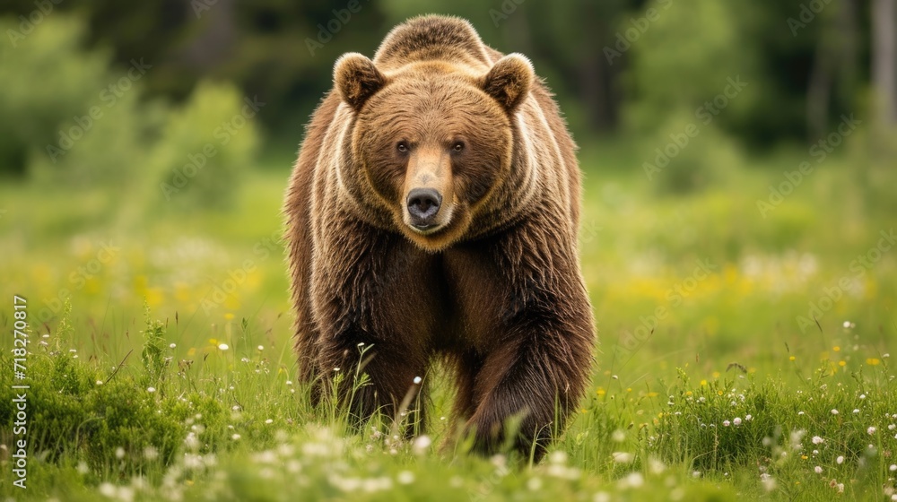 Fototapeta premium Majestic Brown Bear Walking in a Green Meadow