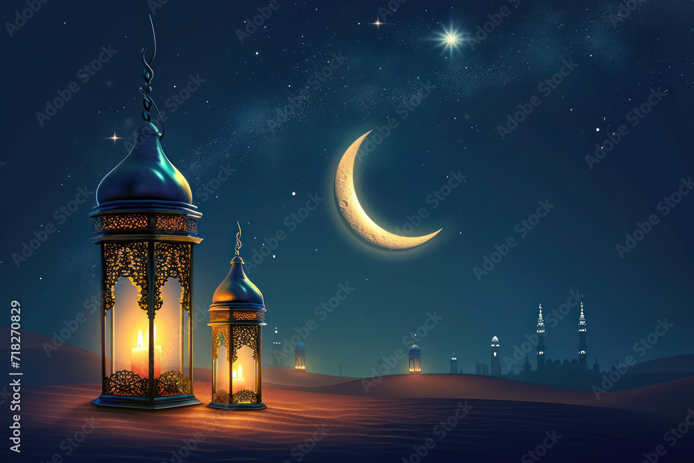 Ramadan Kareem illustration with lantern and half moon on desert background. Ramadan Kareem illustration with lantern and half moon on desert background.