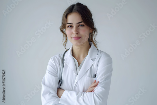 portrait of a female doctor with stethoscope in hospital in front of a bright background  medical  medicine  3D  real  minimalism  minimalist  copy space  HD   