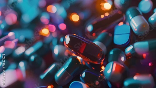 An array of vibrant, glowing medication capsules in a close-up view photo