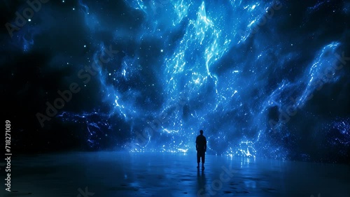 Man in front of a glowing blue outer space photo