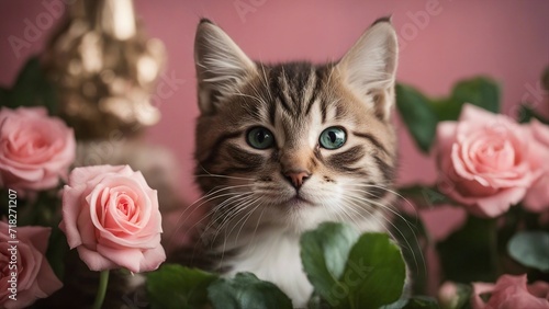 cat and flowers A comical kitten pretending to be a flower  with its head poking out from the center of a giant pink rose bouquet  