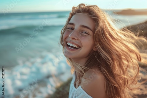 happy young woman laughing by beach 