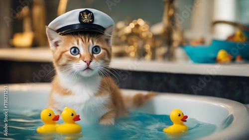 duck in the bath A comical kitten with a captain s hat, steering a boot boat through a bathtub sea, complete with rubber duckies  photo
