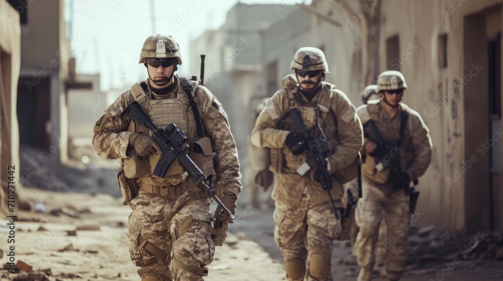 Fototapeta premium Squad on Patrol: Soldiers in Tactical Gear Walking through Deserted Area