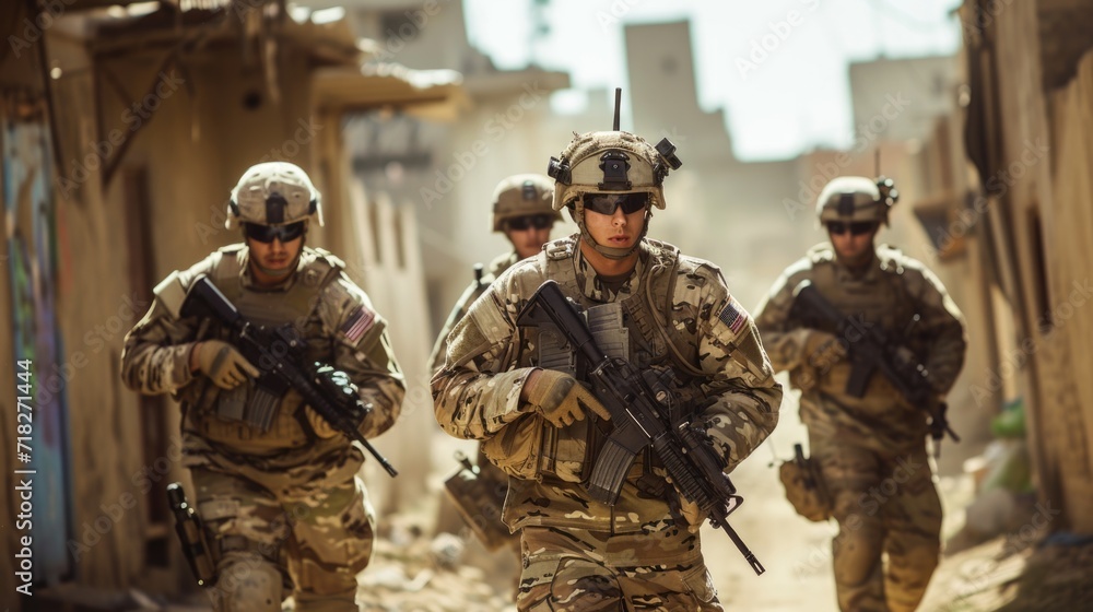 Fototapeta premium Squad on Patrol: Soldiers in Tactical Gear Walking through Deserted Area