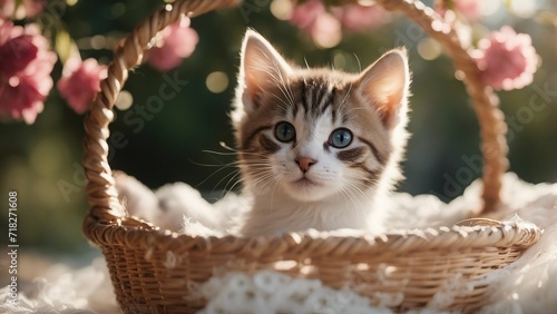 kitten in basket An enchanting kitten adorned with a floral chaplet, lying comfortably in a cozy basket,  