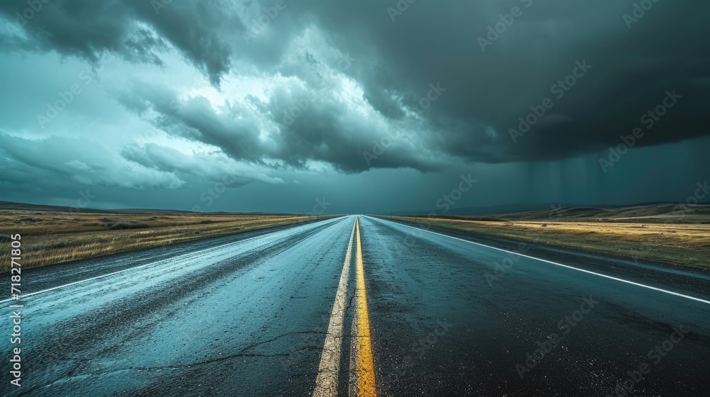 Ominous Storm Clouds Over an Empty Highway in the Plains