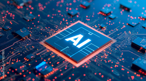 Circuitos electrónico con un procesador con el texto AI 
