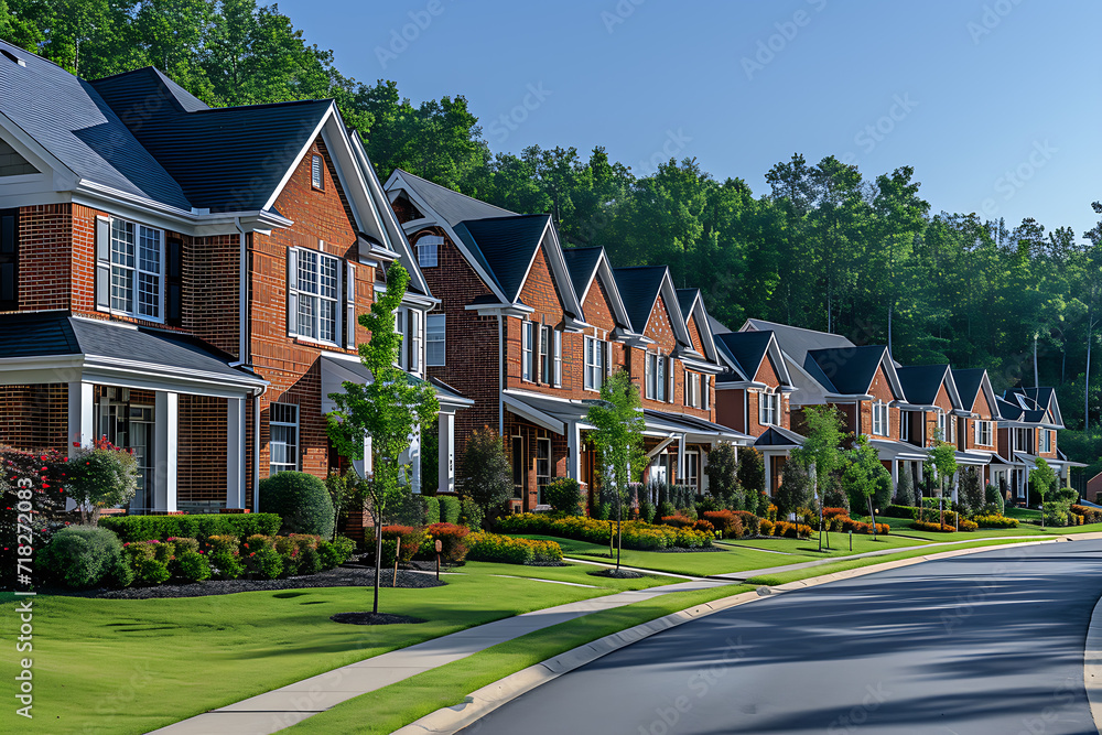 a nice newly built neighborhood with brick two-story houses