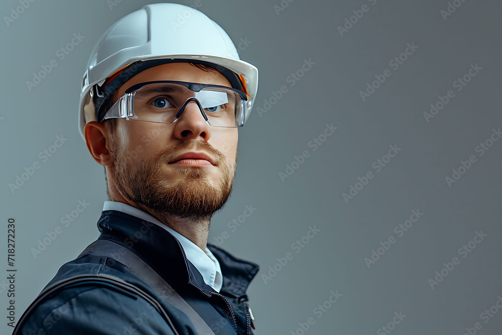 Engineer in white helmet and safety glasses looking forward. Studio portrait with grey background. Professional and safety at work concept for design and print, copy space Engineer in white helmet and safety glasses looking forward. Studio portrait with grey background. Professional and safety at work concept for design and print, copy space
