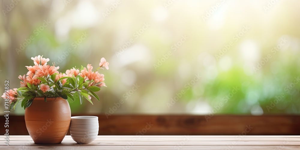 Blurred window background with flower pot and wooden table Blurred window background with flower pot and wooden table