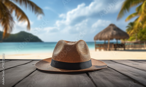 parte superior de mesa de madera con un sombrero de paja posado frente a una playa idilica desenfocada con palmeras y mar turquesa. Concepto fondo de vacaciones de verano, mostrador de productos