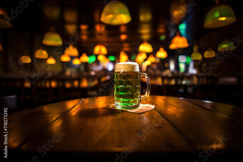 close-up of green beer mug for St. Patrick's Day. placed on the bar of a pub. photo